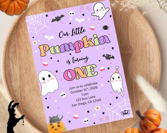Halloween Birthday Invitation | Our Little Pumpkin is Turning One | Editable Canva Template | Instant Download | Ghost Birthday Party  019