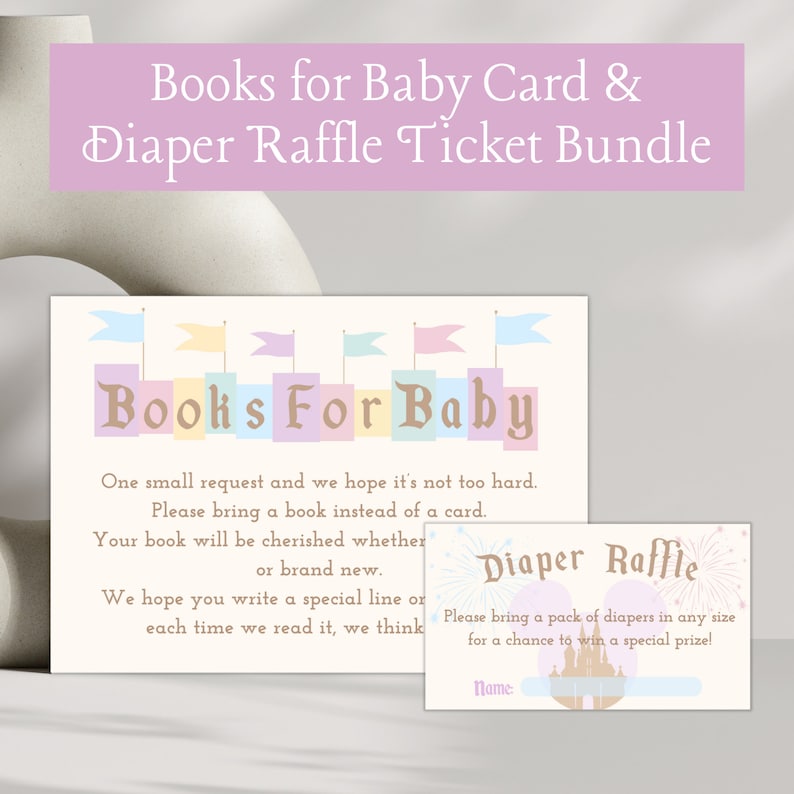 Puede incluir: Una tarjeta de invitaci&oacute;n de baby shower imprimible con un esquema de color pastel. La tarjeta presenta una pancarta con el texto "Books For Baby" y una solicitud para traer un libro en lugar de una tarjeta. La tarjeta tambi&eacute;n incluye un boleto de rifa de pa&ntilde;ales con una ilustraci&oacute;n de castillo y el texto "Diaper Raffle".