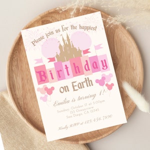 Happiest Birthday on Earth Invitation - Vintage Disneyland Birthday -  Editable Canva Template - Instant Download - Mickey  - Pink - 005
