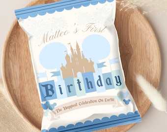 Happiest Birthday on Earth Chip Bag | Editable Canva Template | Blue & Green Theme | Instant Download | Vintage Disneyland | Customized  009