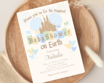 Happiest Baby Shower on Earth Invitation - Disneyland Theme - Mickey & Minnie - Customizable - Printable - Instant Download  Green Blue  006