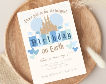 Invitación de cumpleaños más feliz del mundo - Cumpleaños vintage de Disneyland - Plantilla editable de Canva - Descarga instantánea - Mickey - Azul - 009