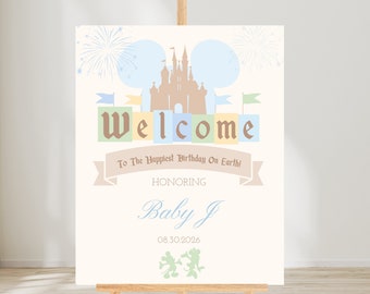 Happiest Birthday on Earth Welcome Sign - Editable Sign - Vintage Disneyland - Pastel Blue and Green - Classic Disney - DIY - 008
