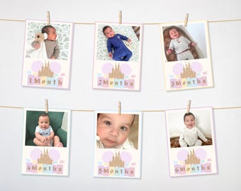 Banner con foto del primer cumpleaños más feliz - Hito mensual - Banner editable del primer cumpleaños - Disneyland vintage - Celebración - 007