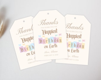 Celebración de cumpleaños más feliz - Etiqueta de regalo vintage editable de Disneyland - Fiesta de cumpleaños - Colores pastel - Descarga instantánea de Canva - 007