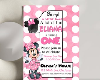 Minnie Mouse First Birthday Invitation -  Personalized - Pink and White polka dot