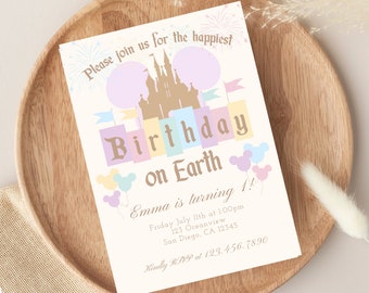 Happiest Birthday on Earth Invitation - Vintage Disneyland Birthday -  Editable Canva Template - Instant Download - Mickey - Minnie - 007