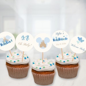 Happiest Baby Shower on Earth Cupcake Toppers - Vintage Disneyland  - Blue Disneyland Baby Shower - Instant Download - Personalized - 003