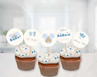 Adornos para cupcakes para el baby shower más feliz del mundo - Disneyland vintage - Baby shower Disneyland azul - Descarga instantánea - Personalizado - 003
