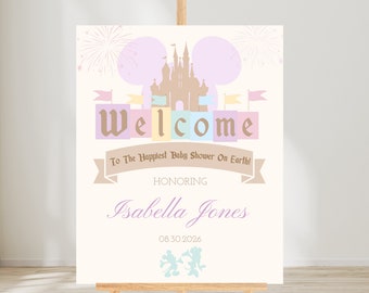 Gelukkigste babyshower op aarde - welkomstbord - bewerkbaar - Vintage Disneyland welkomstbord - aanpasbare sjabloon - direct downloaden - 002