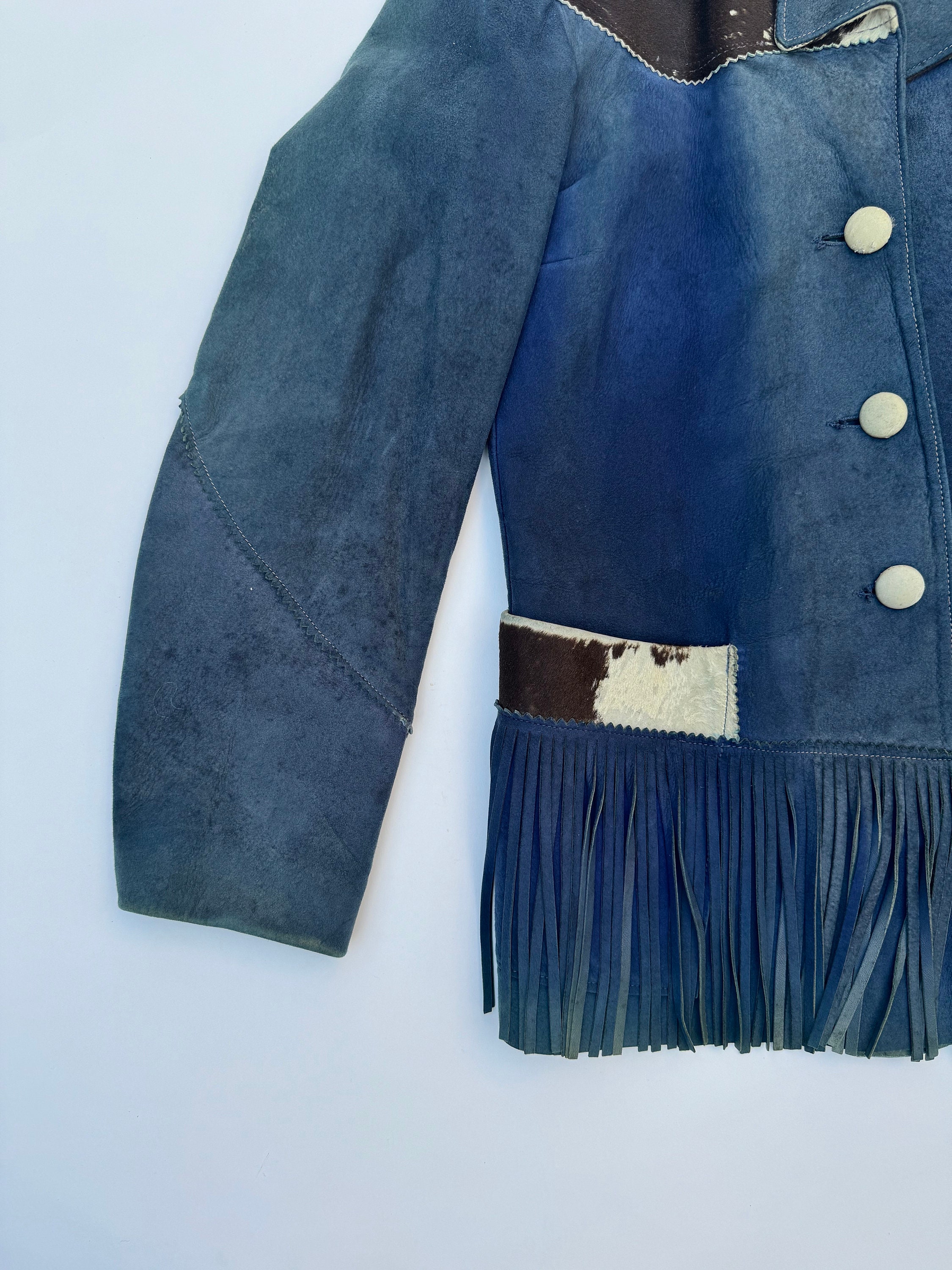 Fringed Belted Coat with Western-Inspired Pattern - Blue main image 1