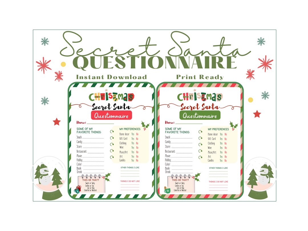 Secret Santa Questionnaire Printable, Christmas Party, Work Secret Santa, Secret Santa Survey ...