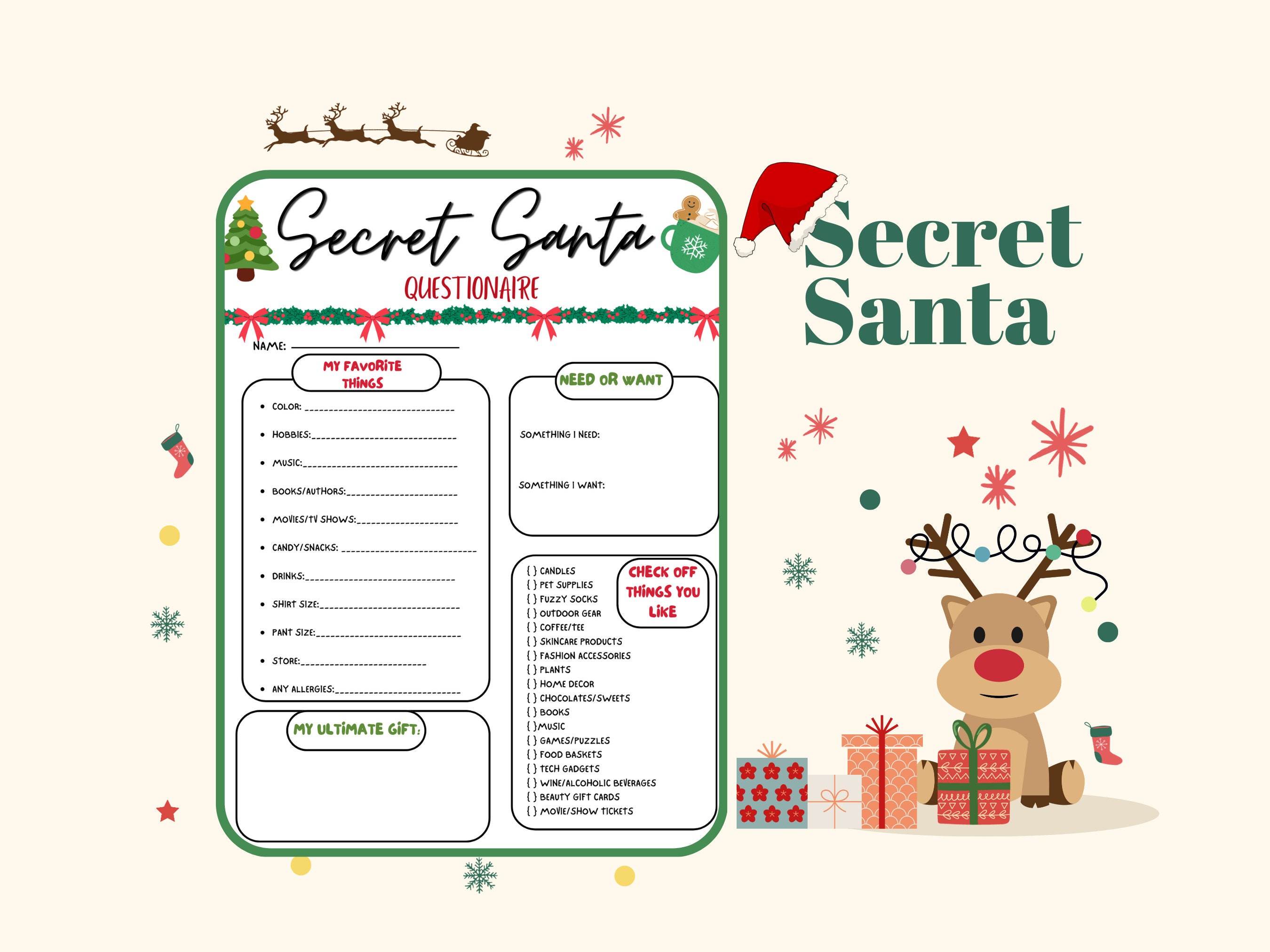 Secret Santa Questionnaire Printable, Christmas Party, Work Secret Santa,secret Santa Survey ...