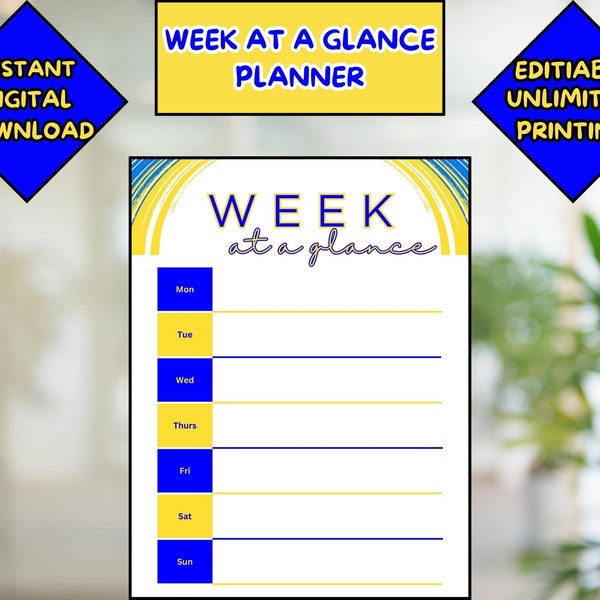 Week at a Glance Printable Editable Minimalist Digital Download PDF