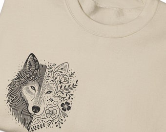 Wolf and Flower Sweatshirt | Wolf Head & Floral Design | Nature-Inspired Artistic Wear | Wolf Sweater