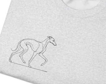 May include: A gray sweatshirt with a black line drawing of a greyhound dog on the front.