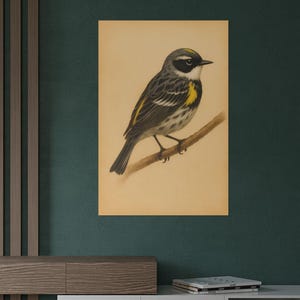 Yellow-rumped Warbler Poster | Vintage Watercolor Bird Print | Natural History Songbird Wall Art | Warbler Wall Art | Bird Poster