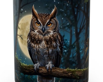 Mystical Owl Night Mug | Eastern Screech Owl Coffee Mug | Moonlit Forest Scene | Nature-Inspired Art