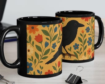 Common Raven Mug | Rustic Whimsy & Bright Colors | Charming Floral | Folk Art | Raven Lover | Folk Art | Cottagecore Mug