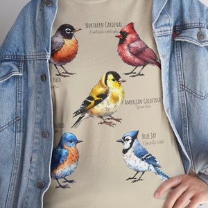 May include: Beige t-shirt with illustrations of five different birds: a robin, a northern cardinal, an American goldfinch, a bluebird, and a blue jay. Each bird is labeled with its common name and scientific name.