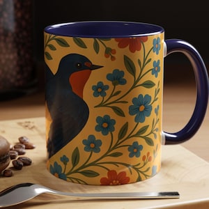 Barn Swallow Folk Art Mug | Flying Bird with Blossoming Vines | Rustic Nature-Inspired Cottagecore Gift | Swallow Mug | Gift for Birder
