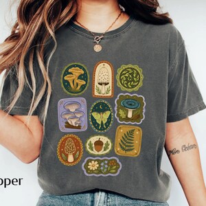 Woodland Nature Patch Shirt | Mushroom Patchwork Tee | Cottagecore Forest Shirt | Botanical Mushroom Graphic Tee | Nature Lover Gift