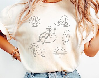 Minimalist Summerween Shirt | Beach Halloween Aesthetic Print | Spooky Line Art for Beach Lover | Beach Lover | Halloween Shirt