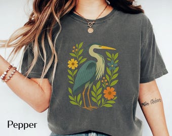 Great Blue Heron Shirt | Folk Art Bird Illustration | Floral Nature Design for Birdwatchers | Gift for Birder | Bird Shirt | Gardner Shirt