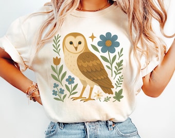 Barn Owl Shirt | Folk Art Bird Illustration | Floral Nature Design for Owl Lovers | Gift for Birder | Bird Shirt | Floral Bird Gift