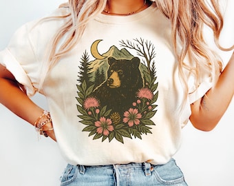 Black Bear T-Shirt | Mountain Moon Nature Tee | Rustic Wildlife Forest Shirt | Silk Tree Flower Lover