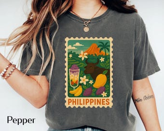 Camiseta de viaje a Filipinas / Camiseta con ilustración de sello vintage de Filipinas / Diseño de carabao, halo-halo y tropical