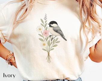 Black-capped Chickadee Shirt | Watercolor Wildflower Bouquet Bird Design | Soft Nature-Inspired Botanical Tee | Gardner Shirt | Bird Gift