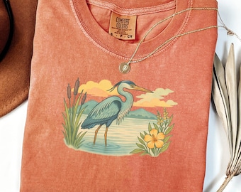 Great Blue Heron Shirt | Wetland Bird Tee with Flowers | Nature Lover Graphic Top
