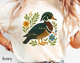 Wood Duck Shirt | Folk Art Bird Illustration | Nature Design for Waterfowl and Bird Lovers | Duck Lover | Gift for Birder | Bird Shirt
