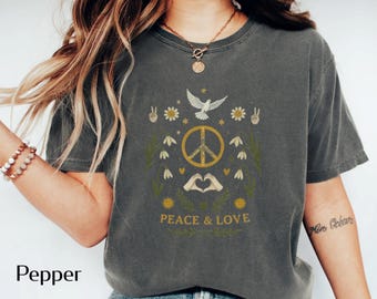 Floral Peace & Love Shirt, Retro Hippie T-Shirt, Boho Peace Tee For Women And Men, Peace Sign Dove Heart Hand Gesture Top, Peace And Love