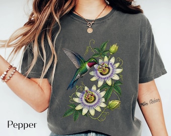Hummingbird Passion Flower Shirt | Botanical Bird Tee | Tropical Nature Art