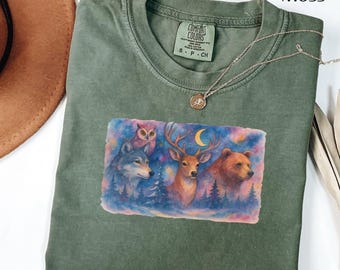 Forest Spirit Animals T-Shirt | Wolf, Deer, Bear & Owl | Cosmic Nature Tee | Winter Solstice Vibes