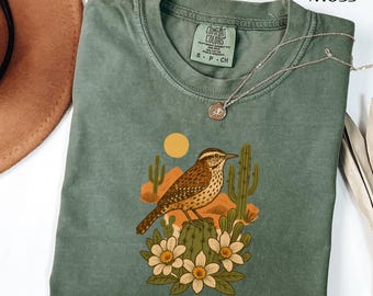 Arizona Desert Bird T-Shirt | Cactus Wren & Saguaro Bloom Tee | Southwest Nature-Inspired Shirt