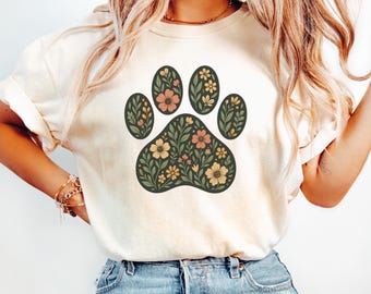 Floral Paw Print Shirt | Boho Pet Lover Tee | Nature Inspired Animal Rescue Gift | Cute Pet Shirt