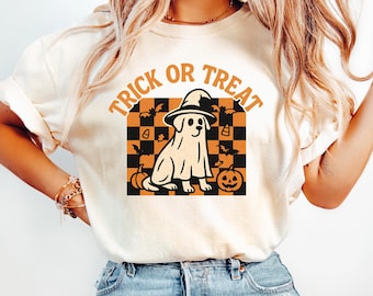 Trick or Treat Shirt | Cute Ghost Dog Halloween Tee | Spooky Costume Top for Dog Lovers | Comfort Color Dog Shirt
