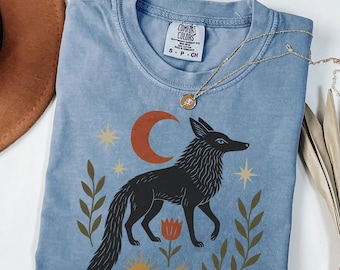 Mystical Black Fox T-Shirt | Moon and Stars Boho Nature Tee | Folk Art Woodland Design