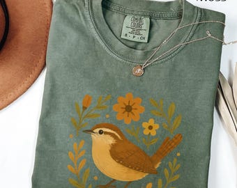 Carolina Wren Shirt | Folk Art Bird Illustration | Whimsical Floral Design for Nature Lovers | Gift for Birder  | Gardner Shirt
