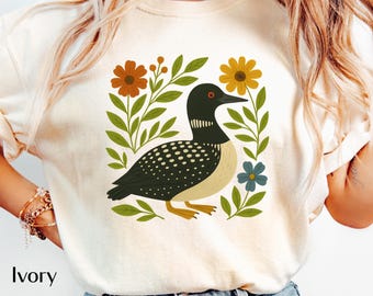 Common Loon Shirt | Folk Art Bird Illustration |  Nature Design for Birdwatchers and Wildlife Lovers | Lake House Shirt | Loon lover