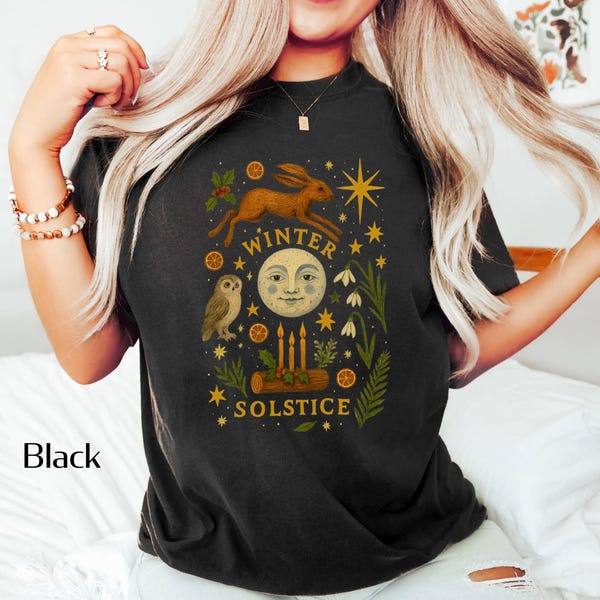 Camiseta del solsticio de invierno / Camiseta de la luna mística y el conejo / Camiseta de celebración pagana de Yule