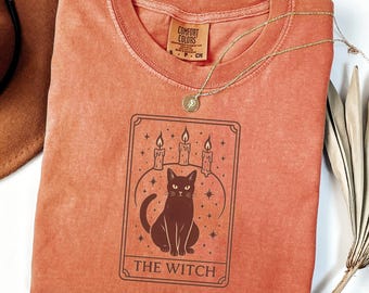 The Witch Tarot Cat Shirt | Gothic Witchy T-Shirt | Occult Black Cat Tee for Mystical Style | Halloween Shirt Ideas