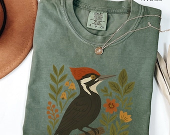 Pileated Woodpecker Shirt | Folk Art Bird Illustration | Whimsical Floral Design for Nature Lovers | Gift for Birder  | Gardner Shirt