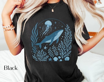 Whale Ocean Comfort Colors Shirt | Coastal Jellyfish Illustration Tee | Sea Lover Beachy Graphic Top | Ocean Theme Design