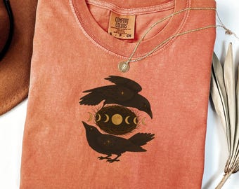 Mystic Raven Moon Phases T-Shirt | Celestial Crow Design | Gothic Nature-Inspired Tee