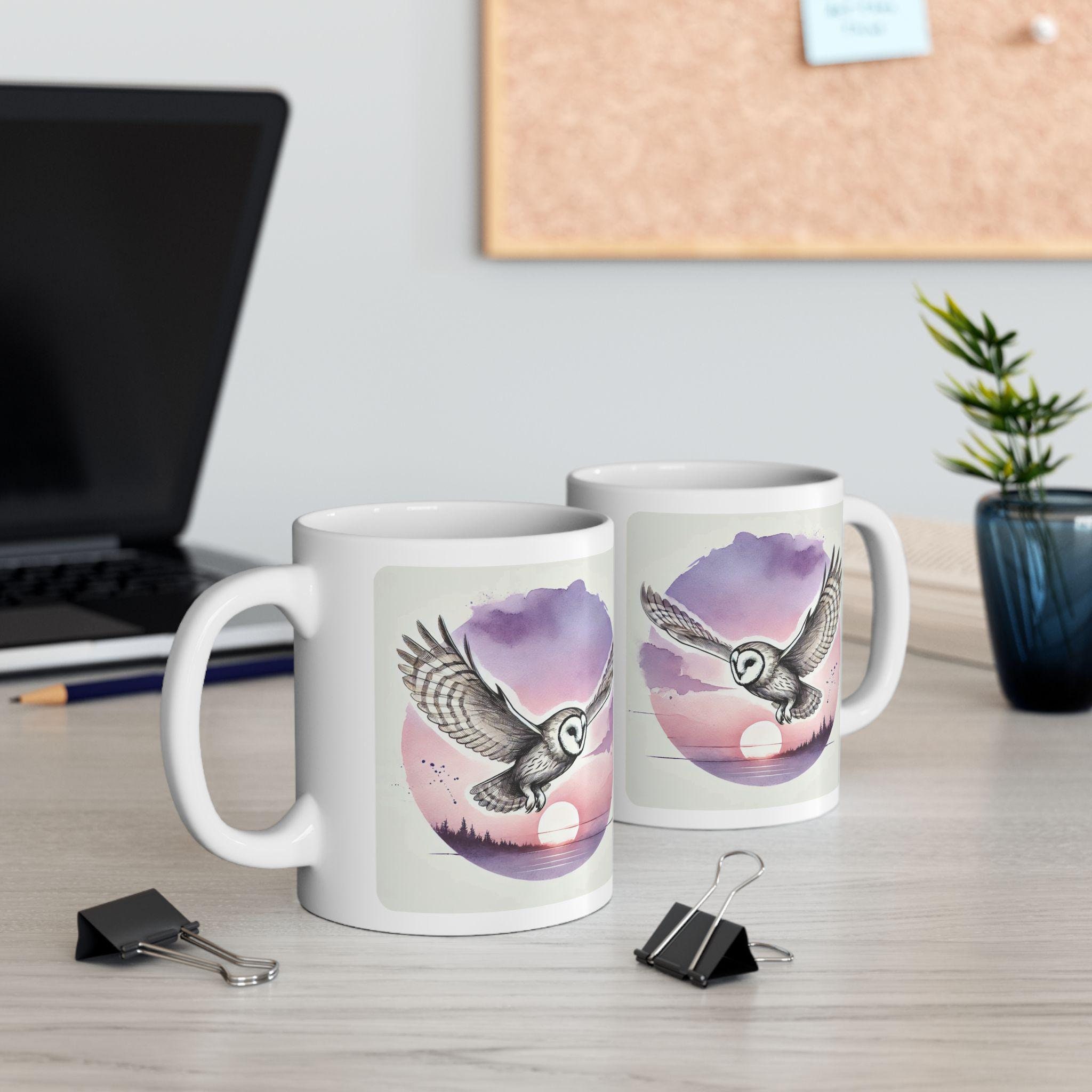 Majestic Owl Mug | Watercolor-Style Art with Calming Sunset | Nature-Inspired Drinkware | Bird Lover