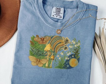 Moth and Mushroom T-Shirt | Mystical Nature Tee | Cottagecore Forest Top